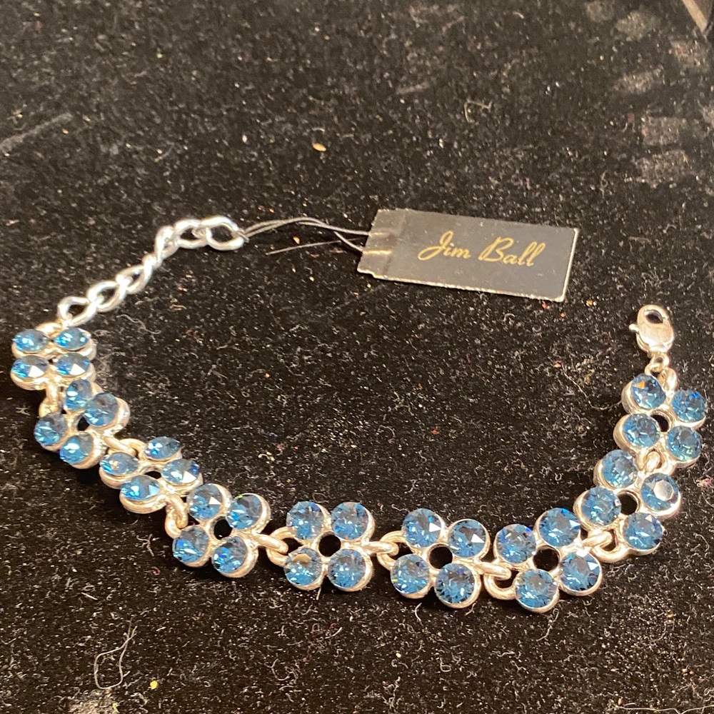 Jim Ball Blue Crystal Floral Bracelet in Silver Tone